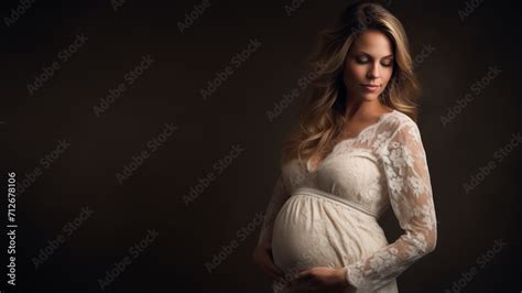 Belle Femme Blonde Enceinte Debout Sur Fond Noir Image Avec Espace Pour Texte Stock Photo