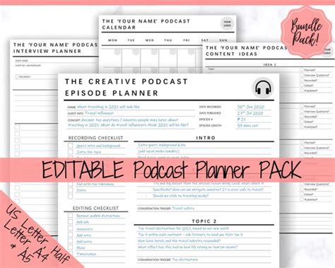 Editable Podcast Planner Bundle Pack Podcast Template Content Etsy