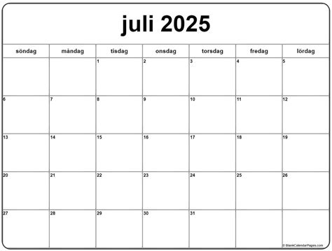 juli 2025 kalender Svenska | Kalender juli