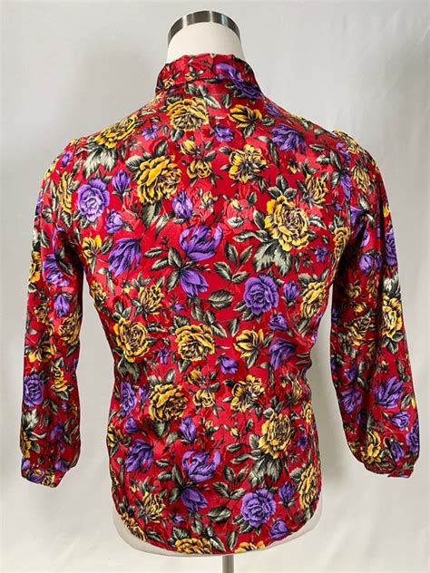 80s Red Satin Multicolor Floral Button Down Long Slee Gem