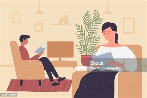 Couple People Read Books Cartoon Young Readers Characters Sit In Armchair Reading Books Together