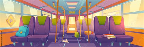 Empty School Bus Interior With Book On Seat Vector Cartoon Background