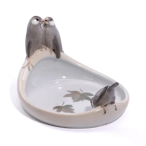 Theodor Madsen Porcelain Bowl With Three Finches Sitting At The Rim