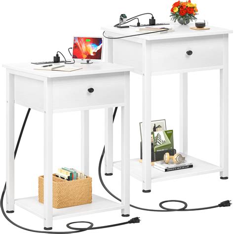 Ecoprsio Nightstand Set Of With Charging Station White End Table Side