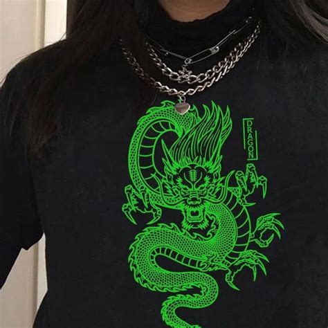 Cute Chinese Dragon Oversized Punk Goth Print Short Sleeve Shirt Tee T