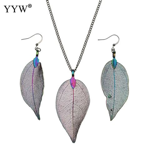 New Women Jewelry Sets Real Leaf Pendant Necklace Earrings Fashion Wholesale Filigree Natural ...