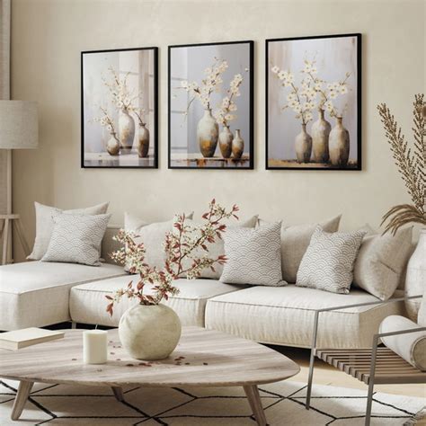 Kit Quadros Flores Vaso Nude Moderno Molduras Vidro Elo