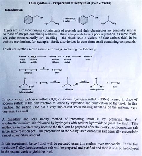 SOLVED: Thiol synthesis: Preparation of benzylthiol (over 2 weeks ...