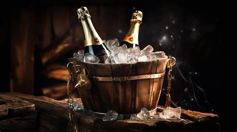 Premium AI Image Champagne Bottle In A Wooden Bucket With Ice In A