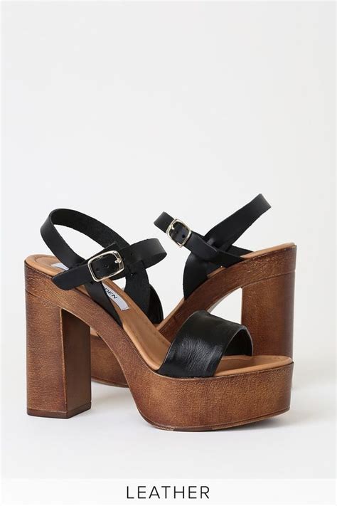 Laurisa Black Leather Wooden Platform Heels Platform Heels Heels