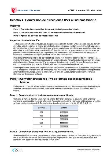 Examen de habilidades 2 Conversión de direcciones IPv4 al sistema