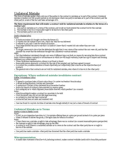 L12 Mistake - notes - Unilateral Mistake This form of mistake applies