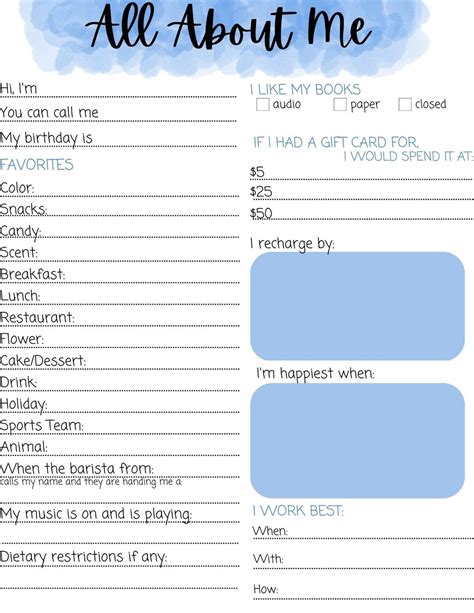 All About Me Getting To Know You Form Etsy