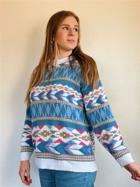 Vintage Eddie Bauer Colorful Print Knit Sweater Gem