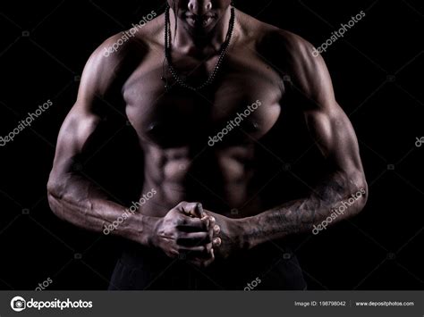 Close Image Naked Afro Sportsman Controling Musculars Bodybuilding Stock Photo Strike0