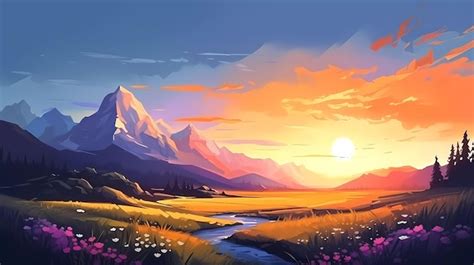 Premium AI Image | A sunset with a mountain and a river