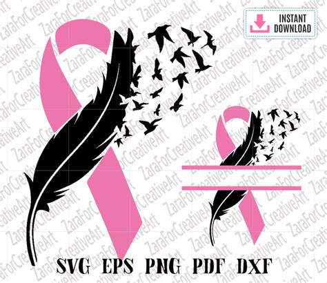 Breast Cancer Svg Split Svg Ribbon Feather And Birds Svg Etsy