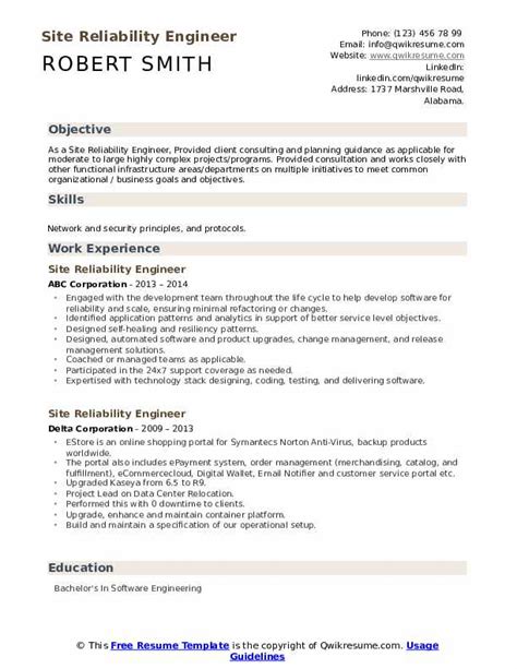 Site Reliability Engineer Resume Samples QwikResume