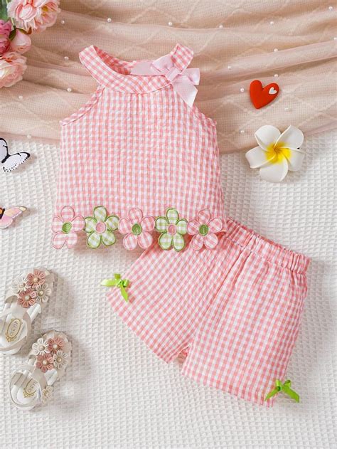 Baby Girls Cute Embroidered Flower Gingham Sleeveless Top And Shorts