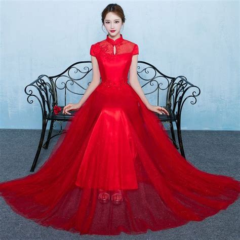 Mandarin Collar Aline Red Lace Chinese Bridal Wedding Dress Modern