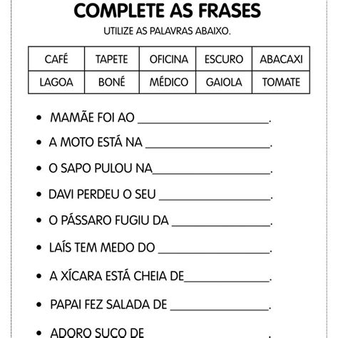 Complete As Frases Com As Palavras Do Quadro - Ordene as frases atividades | Complete as palavras, Alfabetização ...