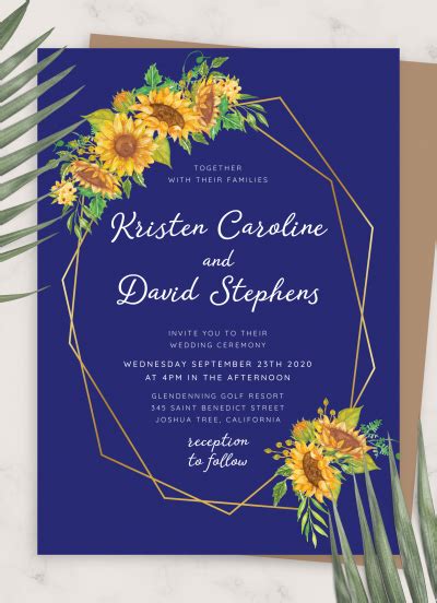 Download Printable Royal Blue Sunflower Wedding Invitation PDF