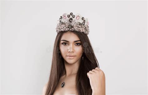 Crowned Dark Beauty Queen Brunette Woman Fashion Model Stock Image