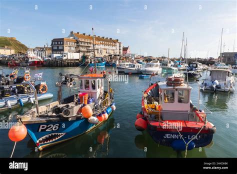 England Dorset Bridport West Bay Harbour Fishing Boats Stock Photo