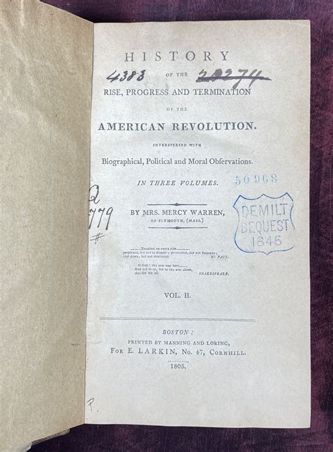 1805 History Of The American Revolution Written By A Woman Historian