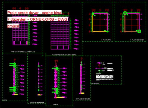 Proje perde duvar cephe bina 7 düzeyleri dwg projesi Autocad Projeler