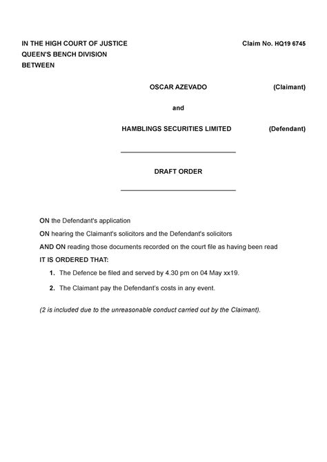 Dr Draft Consent Order In The High Court Of Justice Claim No Hq