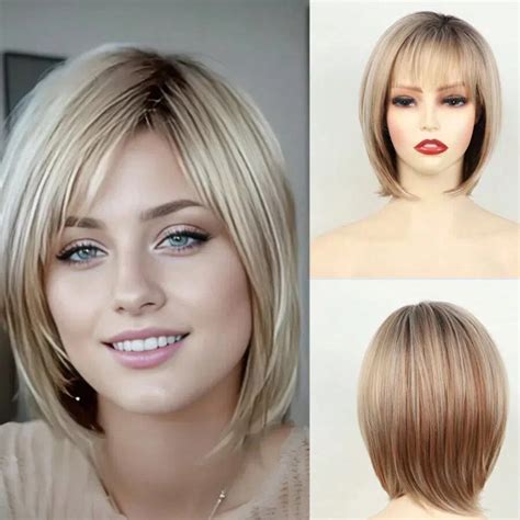 12in Layered Blonde Bob Wigs For White Women With Bangs Straight Short Hair Wig Synthetic Ombre