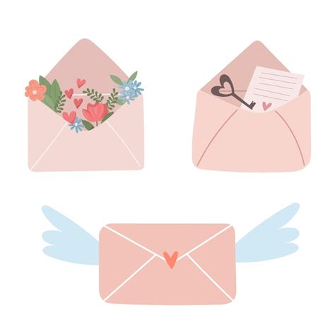 Conjunto vetorial de envelopes de amor corações rosa e vermelhos e