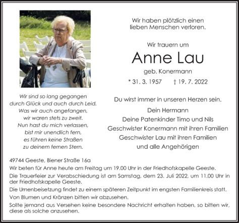 Traueranzeigen Von Anne Lau Noz Trauerportal