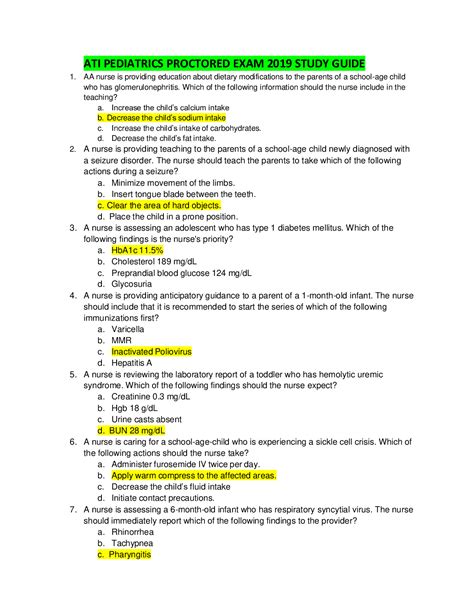 Ati Pediatrics Proctored Exam Study Guide Correct Questions