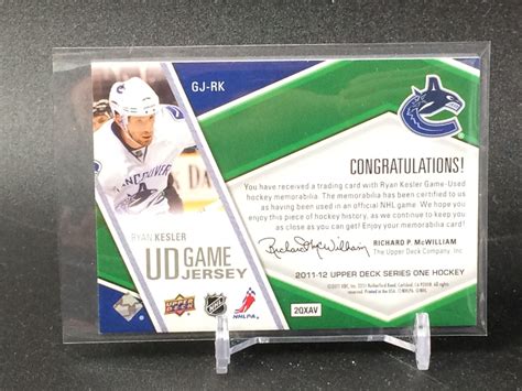 RYAN KESLER UD GAME JERSEY CARD