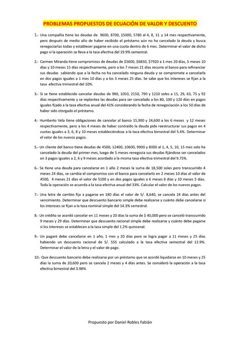 Problemas Propuestos De Ecuación De Valor Y Descuento Problemas