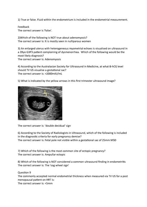 Revision Quiz Answers Summary Ultrasound In Obstetrics And