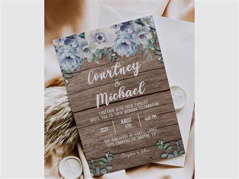 Wooden Blue Floral Wedding Invitation Rustic Blue and - Etsy