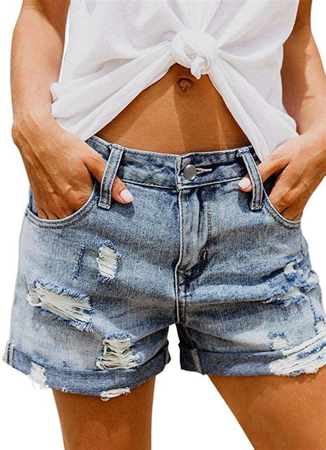 Sidefeel Womens Ripped Jean Shorts Mid Rise Summer Denim Pants