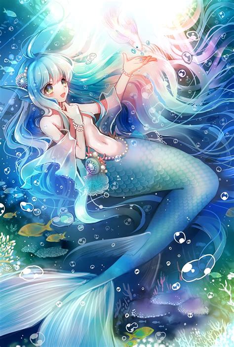 Anime Picture Search Engine 1girl D Blue Hair Bubble Fish Green