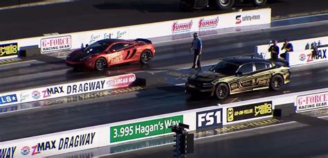 Dodge Charger Hellcat Drag Races Mclaren Mp4 12c At Goldrush Rally 14