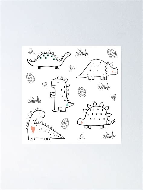 Cute Dinosaur Line Art Pattern Black And White Poster For Sale By