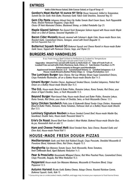 Distillery Eatery Food Menus Luminary Distilling LLC