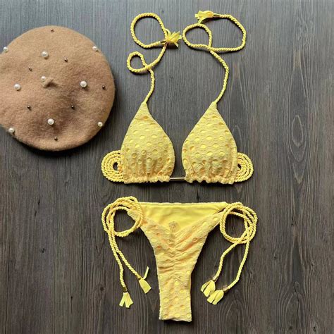 Textured Yellow Bikini With Braided String Details On Luulla