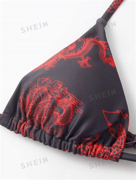 Summer Beach 4packs Halter Bikini With Dragon Print Mesh Cover Up SHEIN USA