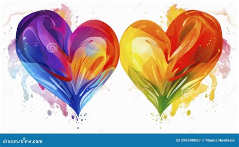 Two Hearts In Rainbow Colors Of LGBT Flag Watercolor Drawing Symbol Of Gay Lesbian Bisexual