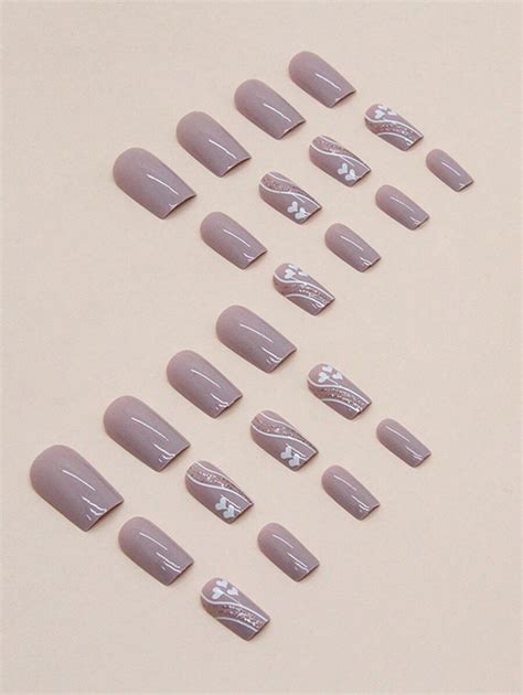 Pcs Medium Length Square Solid Nude Lotus Pink Lovely Heart Wave Pattern False Nails Suitable