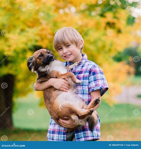 Cute Boy Playing And Walking With His Dog In A Meadow Stock Photo