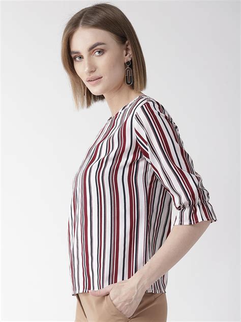 Style Quotientwomen Maroon And Off White Striped Regular Top Stylequotient